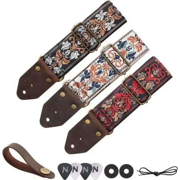 Jacquard embroidery guitar strap with leather ends adjustable for acoustic elect - Picture 5 of 7
